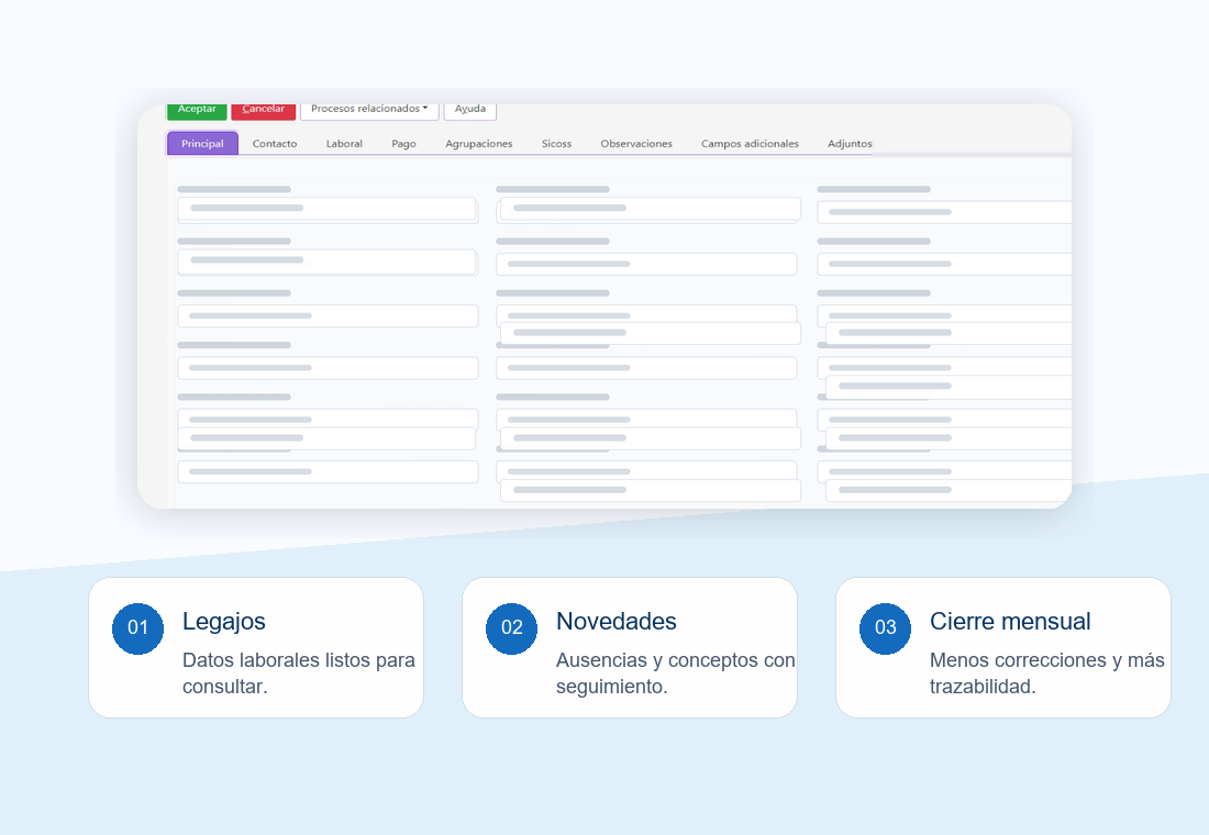 Vista de legajos y novedades de Tango Sueldos con acompa&ntilde;amiento de LEAR System